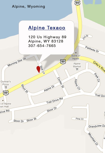 Alpine, Wyomgin pickup location map-Alpine Texaco